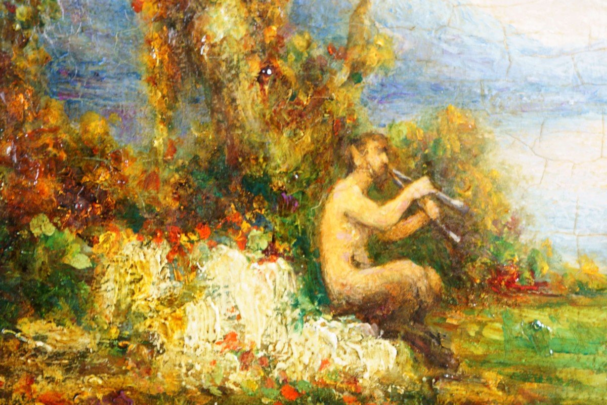 Emile-Eugène Nourrigat  “Fauno E Ninfe” Olio Su Legno Mitologico Con Cornice-photo-4