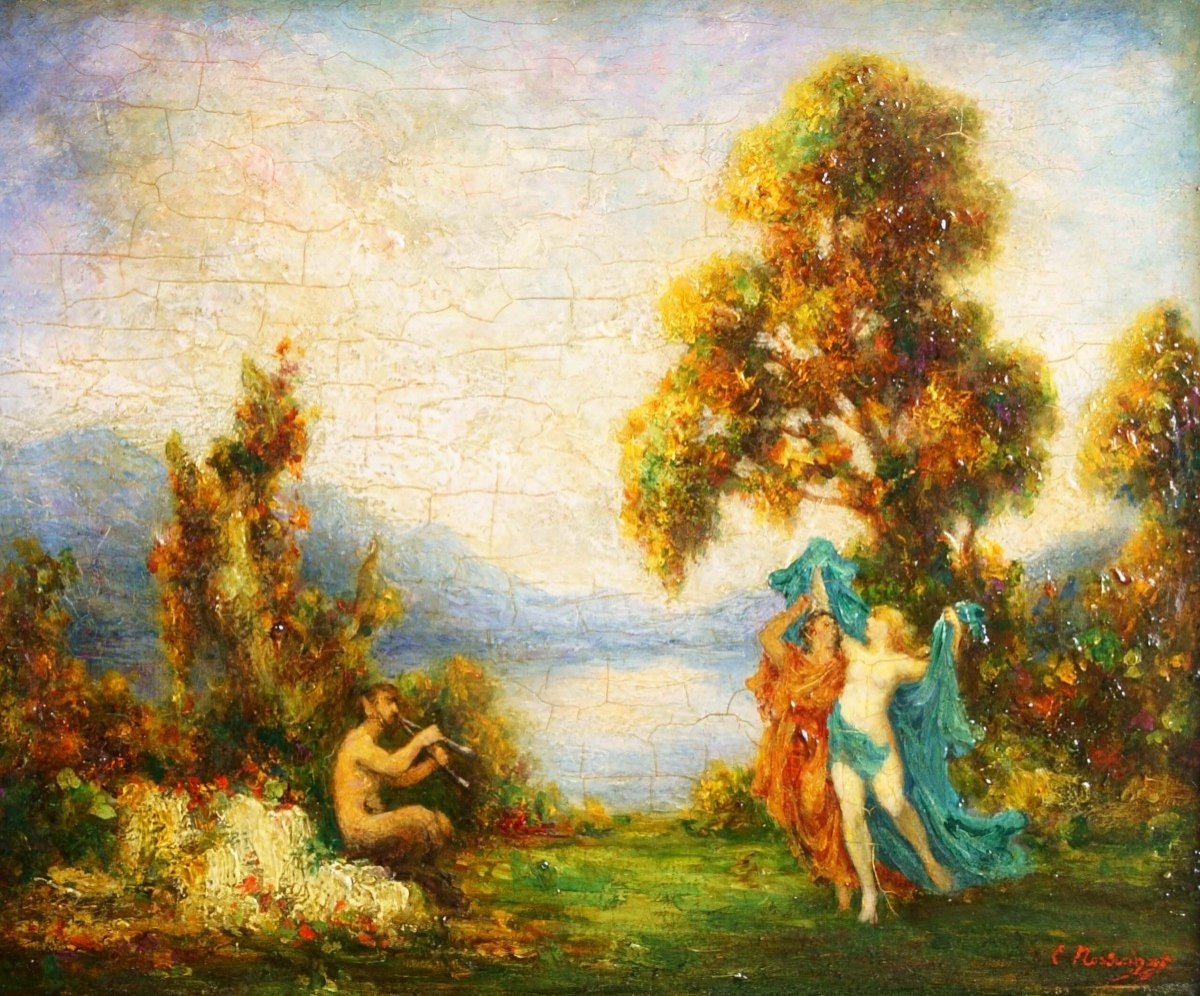 Emile-Eugène Nourrigat  “Fauno E Ninfe” Olio Su Legno Mitologico Con Cornice