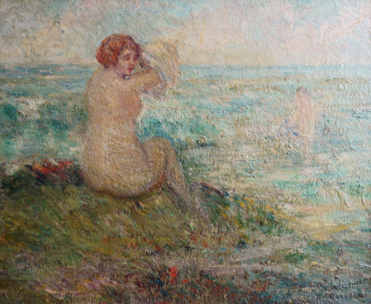 MARTIN BORGORD (1869-1935) Bagnante sulla Spiaggia Scuola Post-Impressionista