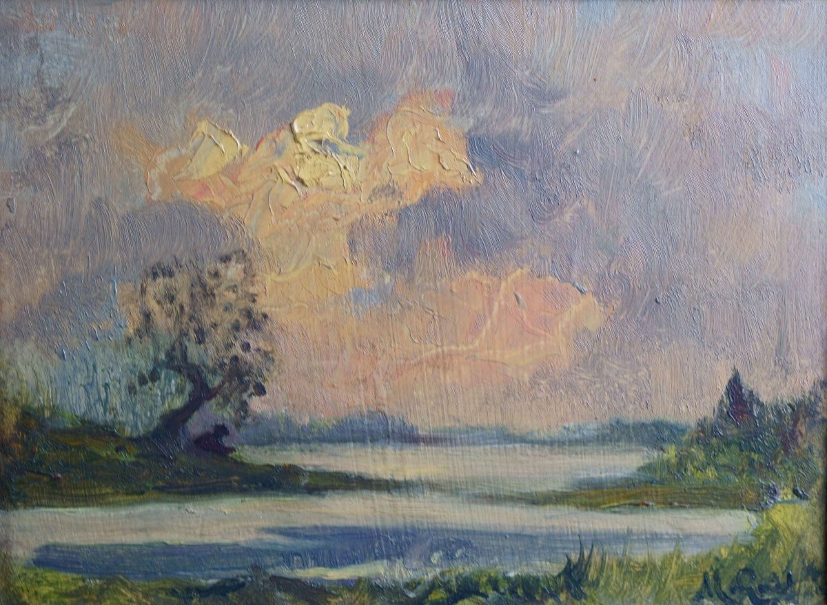 Mario Gachet (1879-1981) Paesaggio lacustre Olio su cartone circa 1920