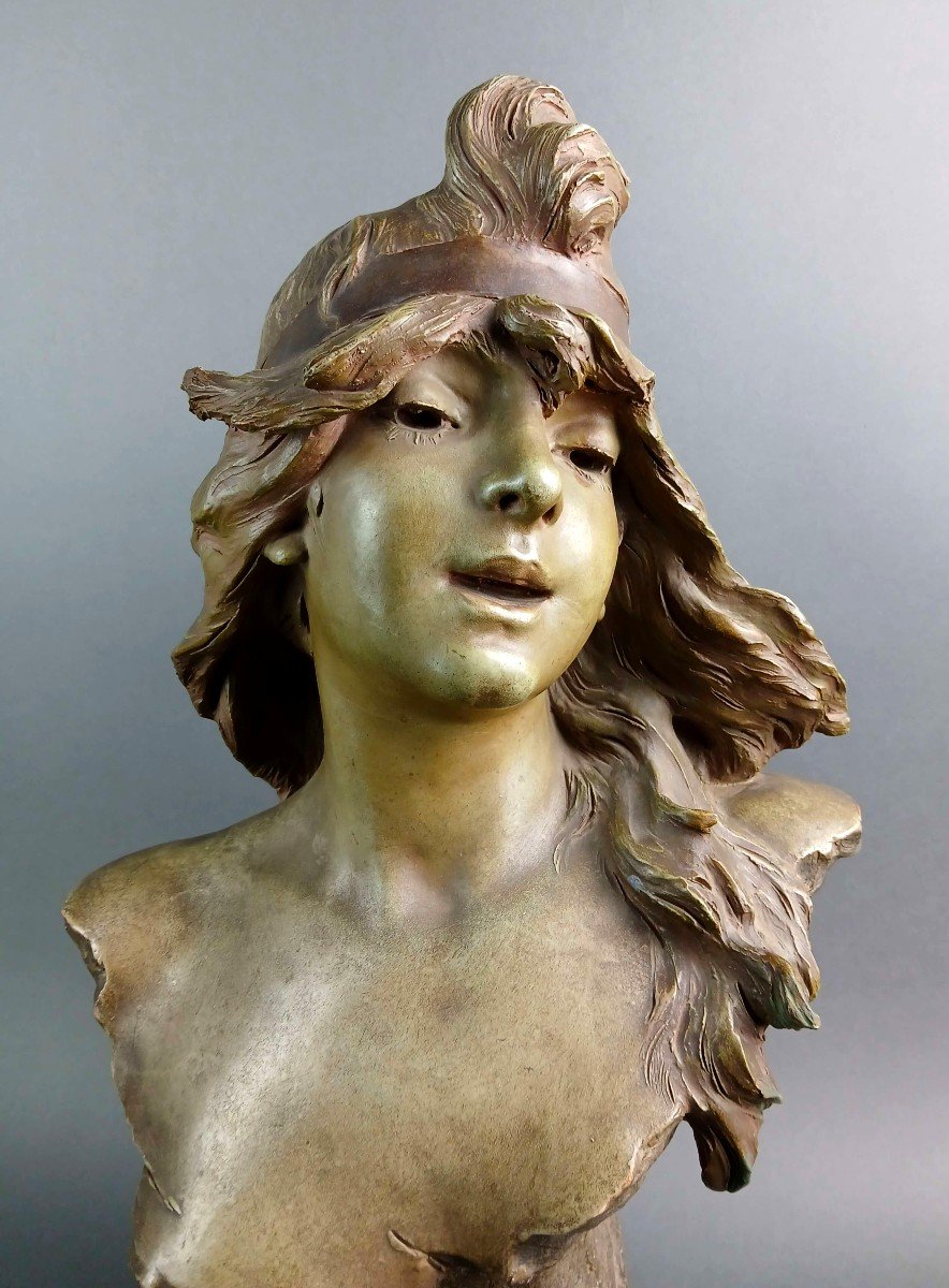 Alfred Jean Foretay "Elegie" Busto Art Nouveau in Terracotta Policroma Firmato circa 1900-photo-2