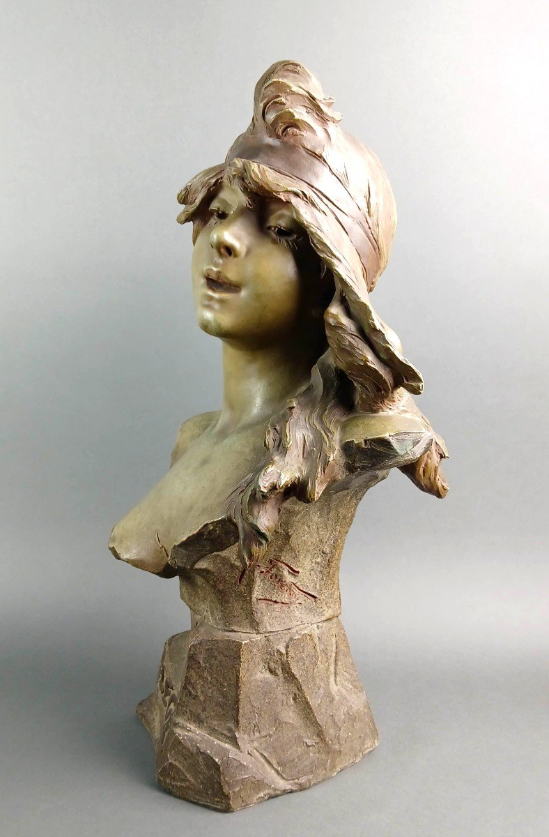 Alfred Jean Foretay "Elegie" Busto Art Nouveau in Terracotta Policroma Firmato circa 1900-photo-3