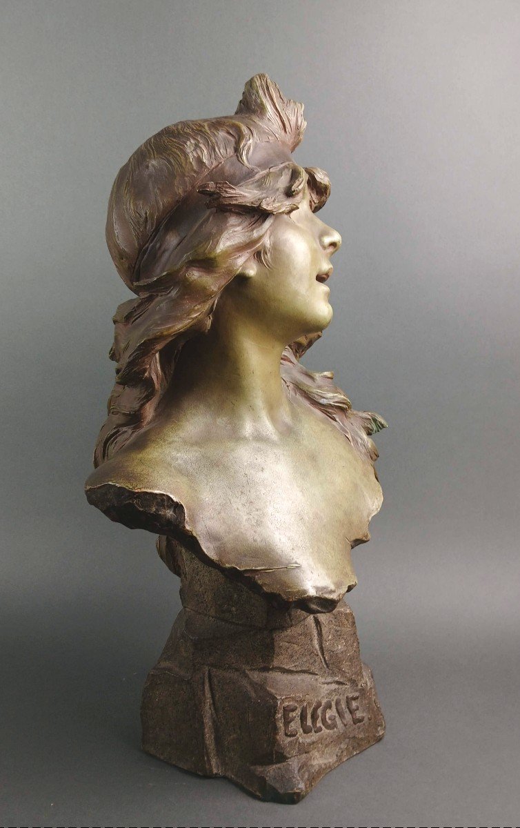 Alfred Jean Foretay "Elegie" Busto Art Nouveau in Terracotta Policroma Firmato circa 1900-photo-4