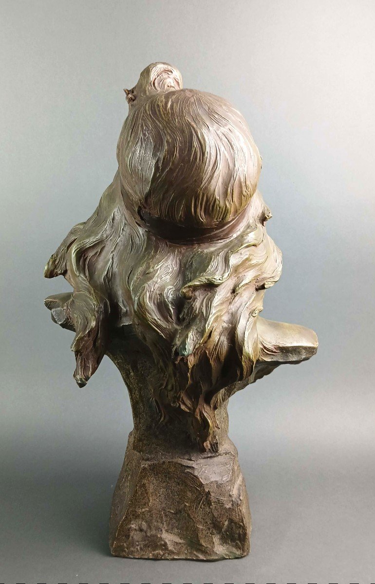 Alfred Jean Foretay "Elegie" Busto Art Nouveau in Terracotta Policroma Firmato circa 1900-photo-1