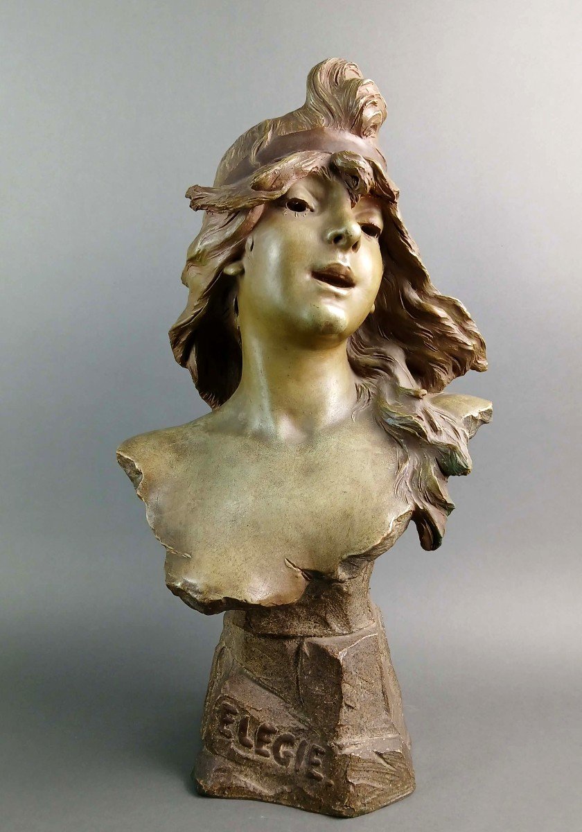 Alfred Jean Foretay "Elegie" Busto Art Nouveau in Terracotta Policroma Firmato circa 1900