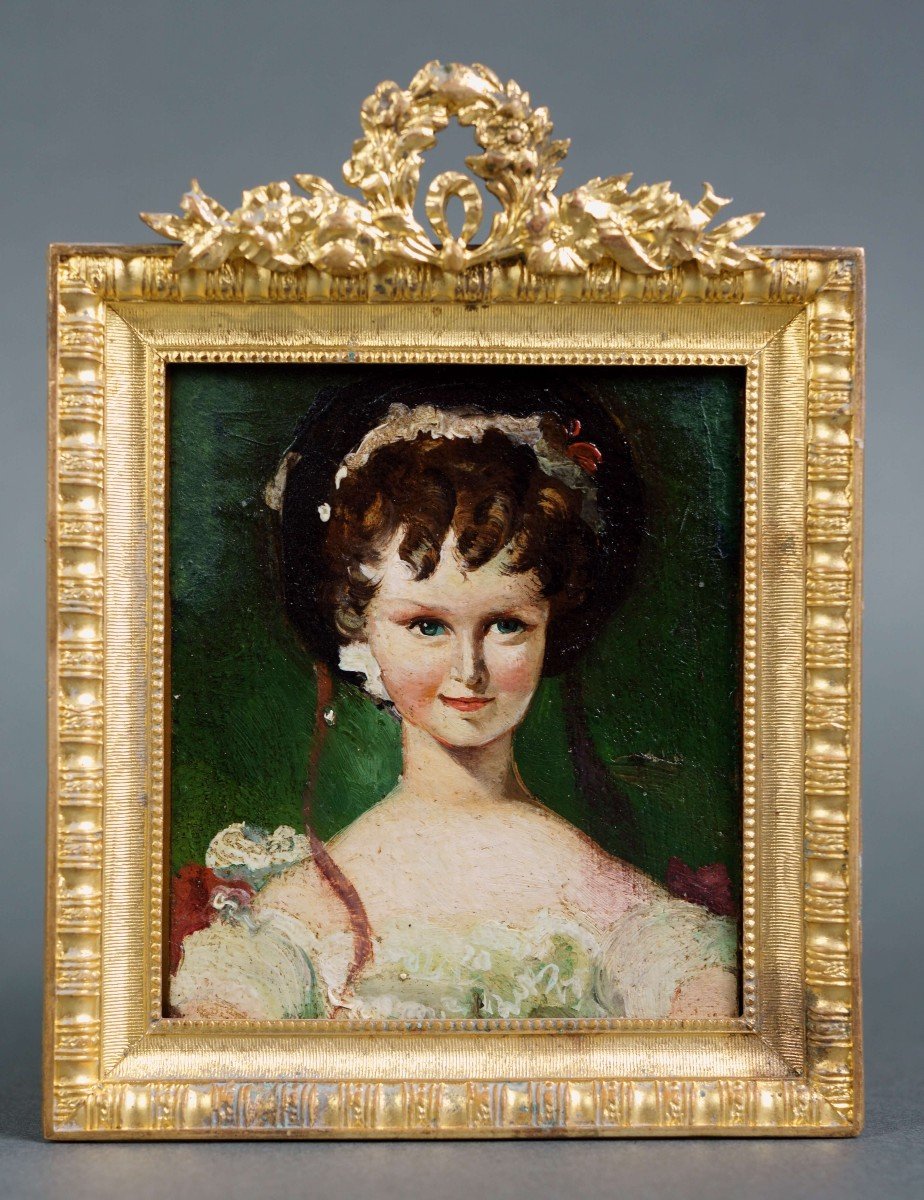 Miniatura Ritratto di Bambina Olio su Zinco Cornice Bronzo Dorato circa 1860