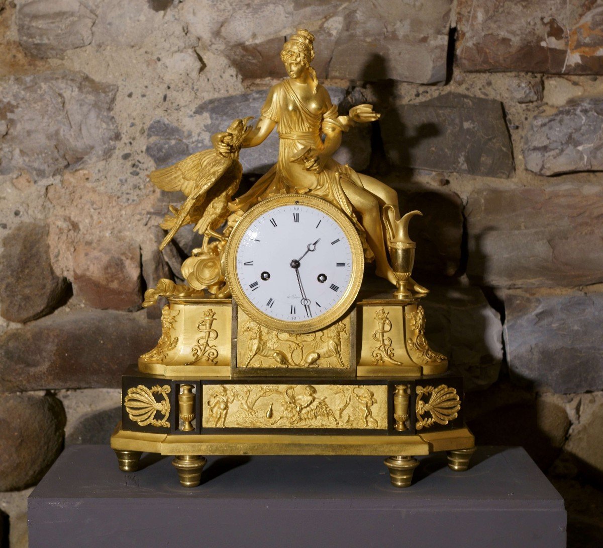 Orologio Impero Bronzo Dorato Ormolu "Ebe e l'aquila di Giove"