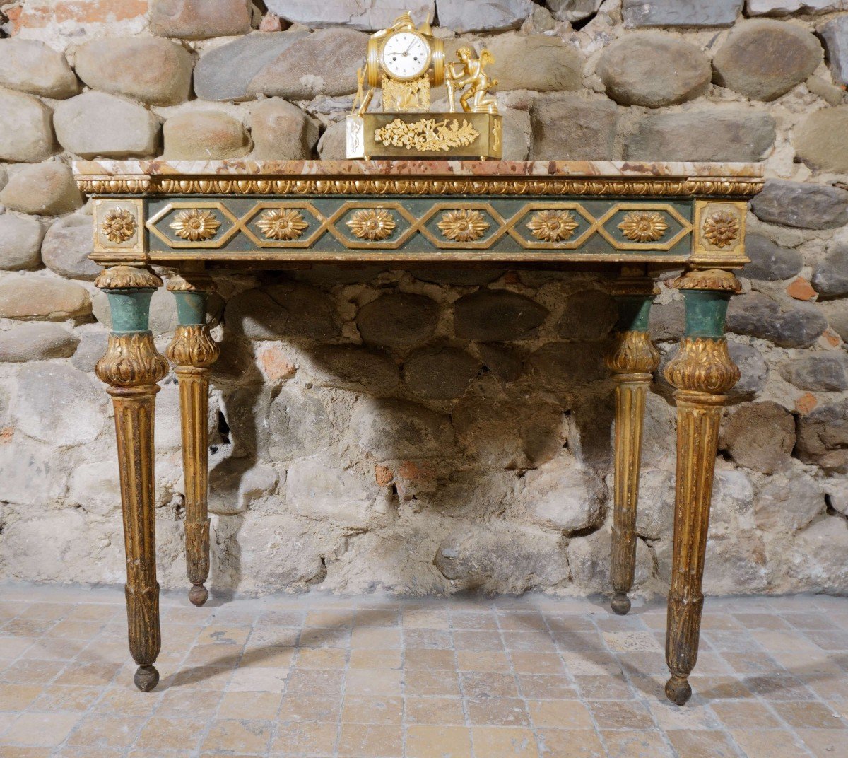 Consolle Genovese Luigi XVI epoca XVIII Legno Laccato e Dorato piano in Marmo-photo-1