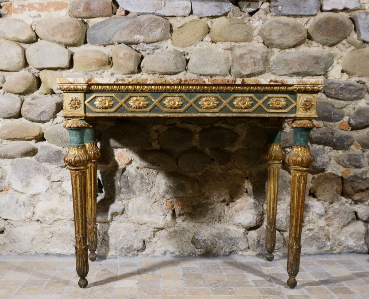 Consolle Genovese Luigi XVI epoca XVIII Legno Laccato e Dorato piano in Marmo