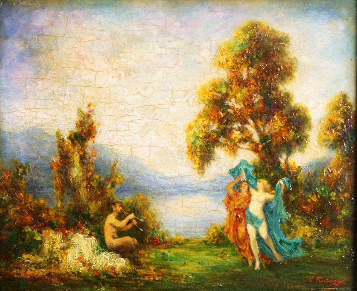 Emile-Eugène Nourrigat  “Fauno E Ninfe” Olio Su Legno Mitologico Con Cornice