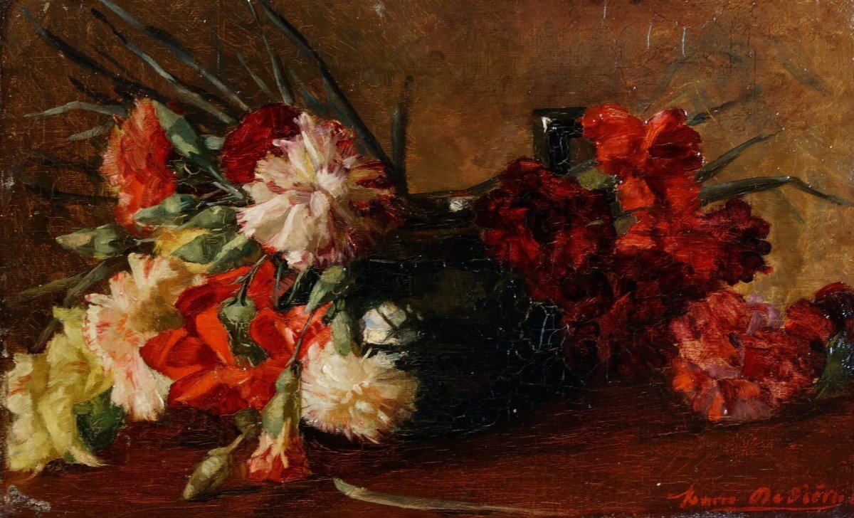 Marie De Bièvre (1865-1940) "Natura morta con vaso di fiori" datato 1889-photo-2