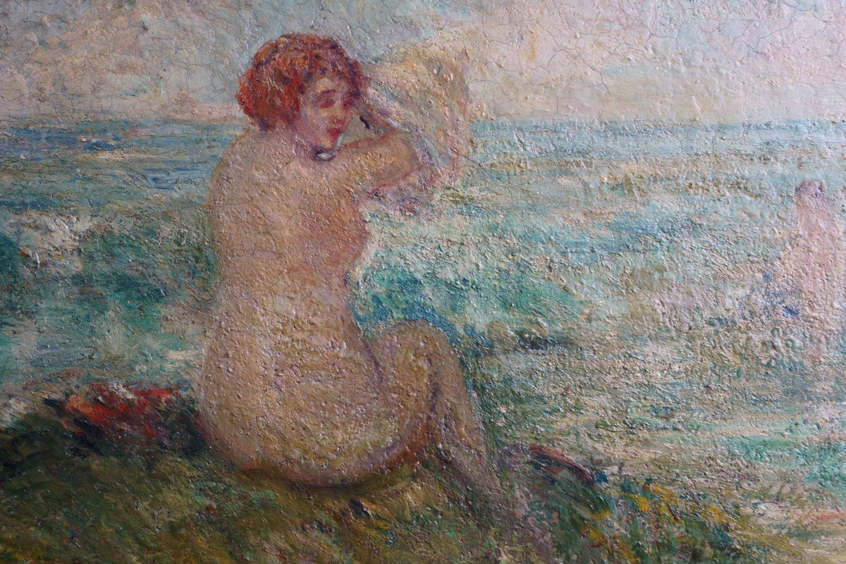 MARTIN BORGORD (1869-1935) Bagnante sulla Spiaggia Scuola Post-Impressionista-photo-3