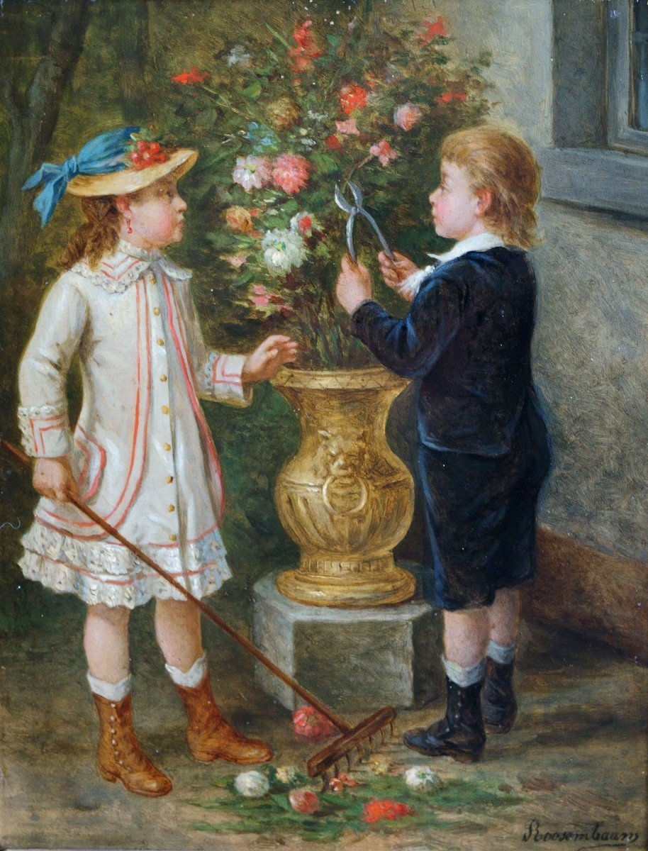 Albert Roosenboom (1845-1893) "I piccoli giardinieri" Dipinto di Bambini in Cornice Dorata-photo-2