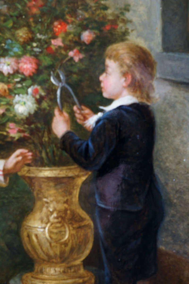 Albert Roosenboom (1845-1893) "I piccoli giardinieri" Dipinto di Bambini in Cornice Dorata-photo-1