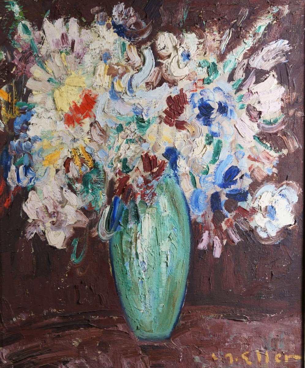 Lucien ROUDIER dit ELLER (1894-1940) Fiori in un Vaso Natura Morta  Espressionista 