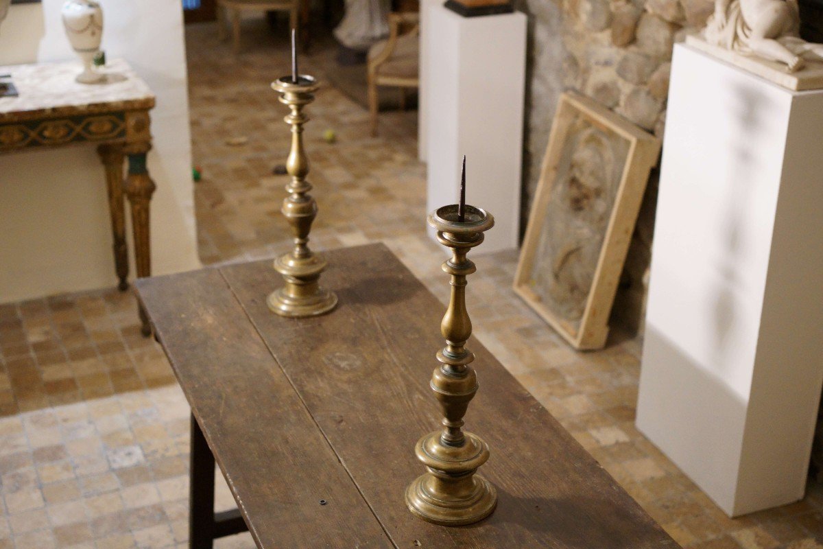 Coppia di Grandi Candelabri in Ottone Toscani XVi secolo-photo-4