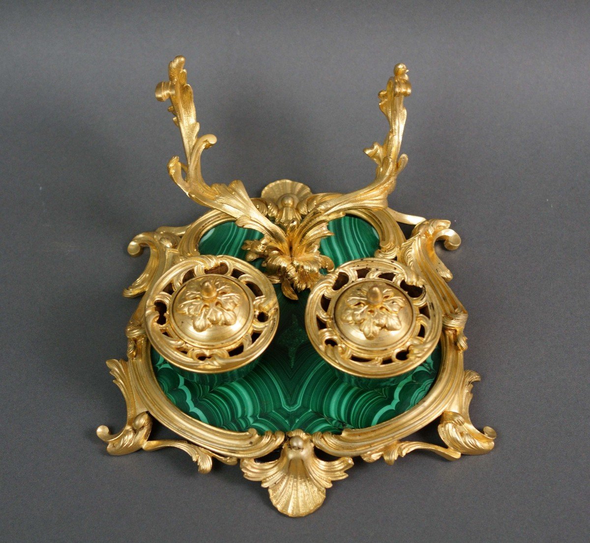 Maison Millet Calamaio in Malachite e Bronzo Dorato Firmato epoca Napoleone III-photo-4