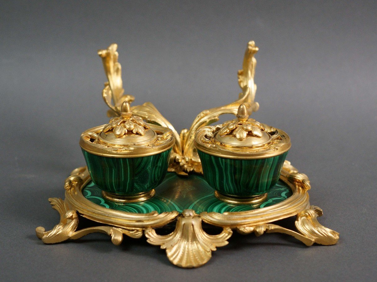 Maison Millet Calamaio in Malachite e Bronzo Dorato Firmato epoca Napoleone III