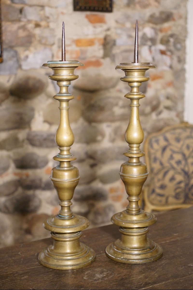 Grandi Candelabri a Rocchetto Punzonati datati 1644  Bronzo Toscana XVII-photo-2