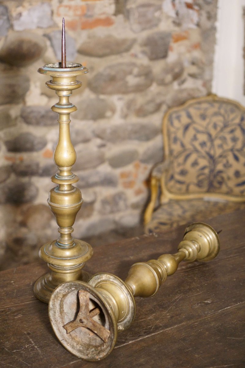 Grandi Candelabri a Rocchetto Punzonati datati 1644  Bronzo Toscana XVII-photo-4