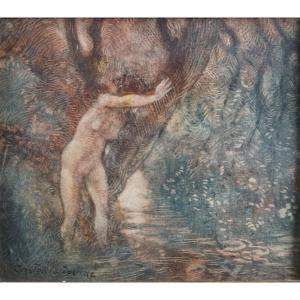 Gaston La Touche (1854-1913) "Ninfa nella foresta" Acquerello su Carta