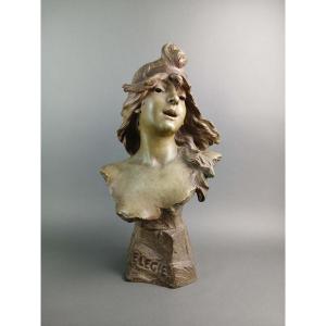 Alfred Jean Foretay "Elegie" Busto Art Nouveau in Terracotta Policroma Firmato circa 1900