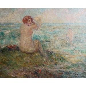 MARTIN BORGORD (1869-1935) Bagnante sulla Spiaggia Scuola Post-Impressionista