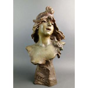 Alfred Jean Foretay "Elegie" Busto Art Nouveau in Terracotta Policroma Firmato circa 1900