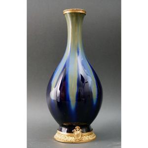 Gustave de Bruyn Vaso in Ceramica smaltata e Bronzo Dorato Art Decò