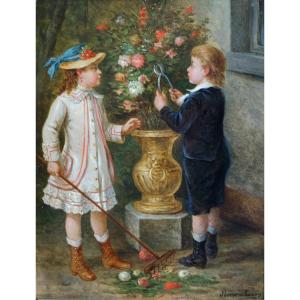 Albert Roosenboom (1845-1893) "I piccoli giardinieri" Dipinto di Bambini in Cornice Dorata