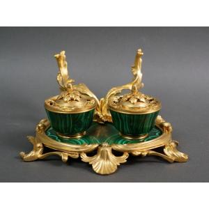 Maison Millet Calamaio in Malachite e Bronzo Dorato Firmato epoca Napoleone III