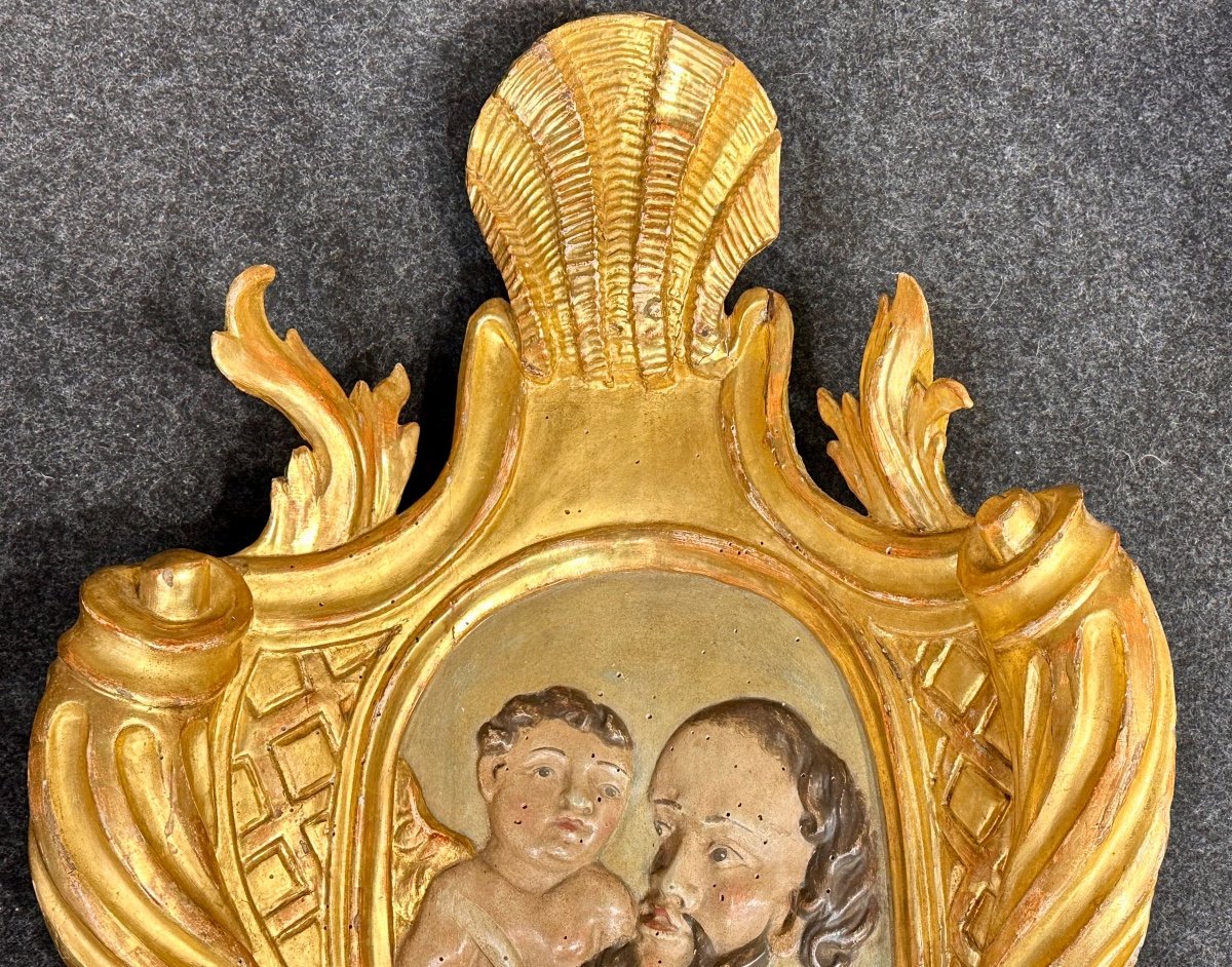 Grande pannello ligneo policromo e dorato "Annunciazione a San Giuseppe" -Inizi del XVII sec. -photo-3