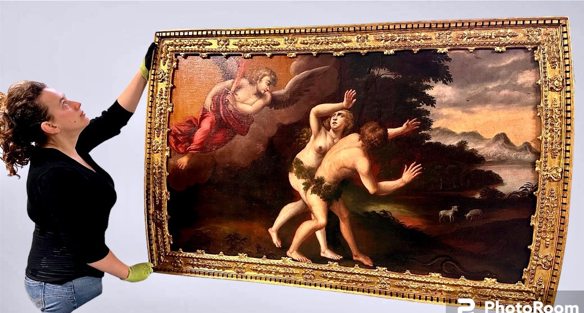 Quadro, dipinto olio su tela “La cacciata di a Adamo ed Eva dal Paradiso Terrestre” - XVII sec.