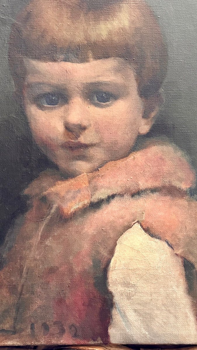 Dipinto a olio "Ritratto di bambina", firmato GREGGIO 1932.-photo-2