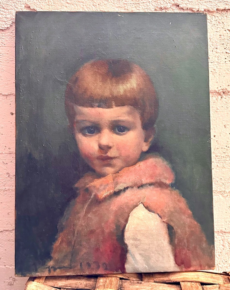 Dipinto a olio "Ritratto di bambina", firmato GREGGIO 1932.