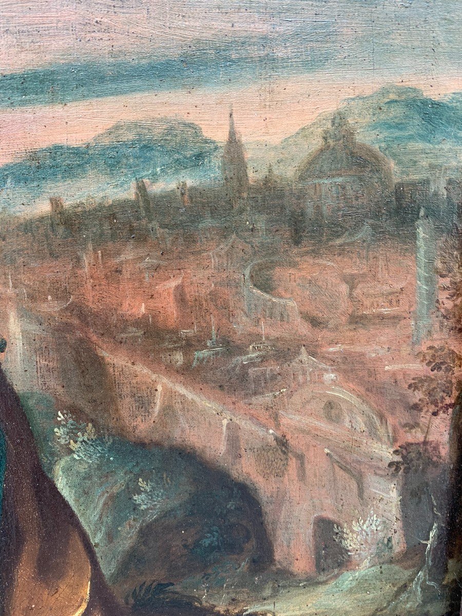 Quo Vadis con rara veduta urbana di Roma. Artista nordico attivo in Italia. Fine XVI secolo.-photo-2
