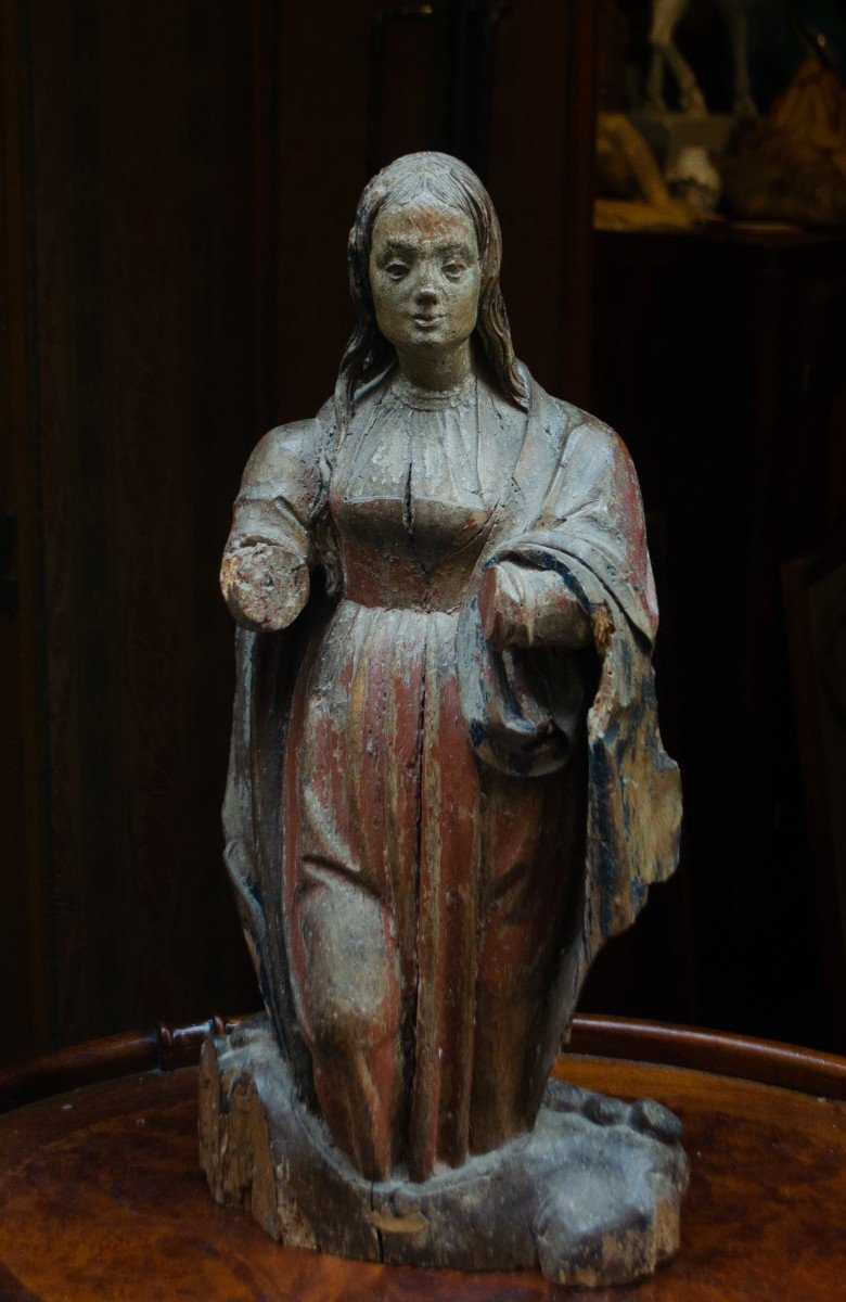 Madonna. Scultura in Legno Policromo Scolpito. Tardo Rinascimento. 