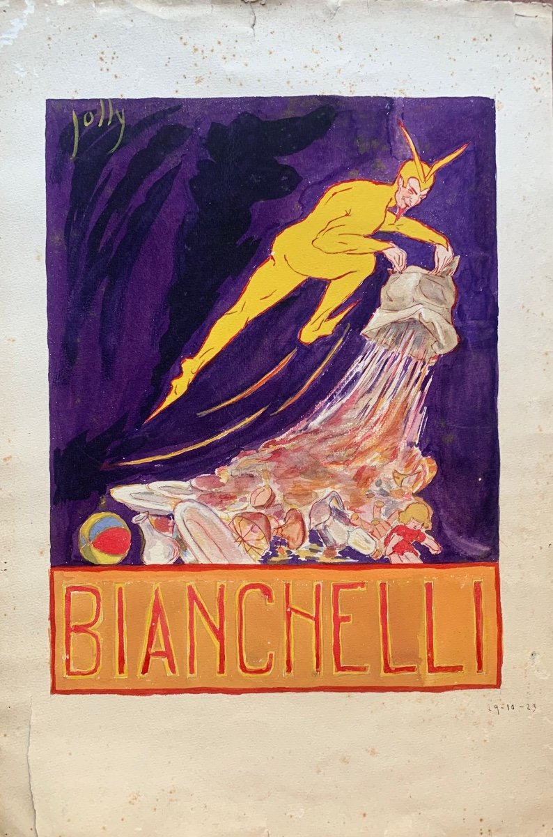 Pubblicità Art Déco dei Magazzini Bianchelli, Roma, 1929: Acquerello: Diavoletto e Giocattoli-photo-3