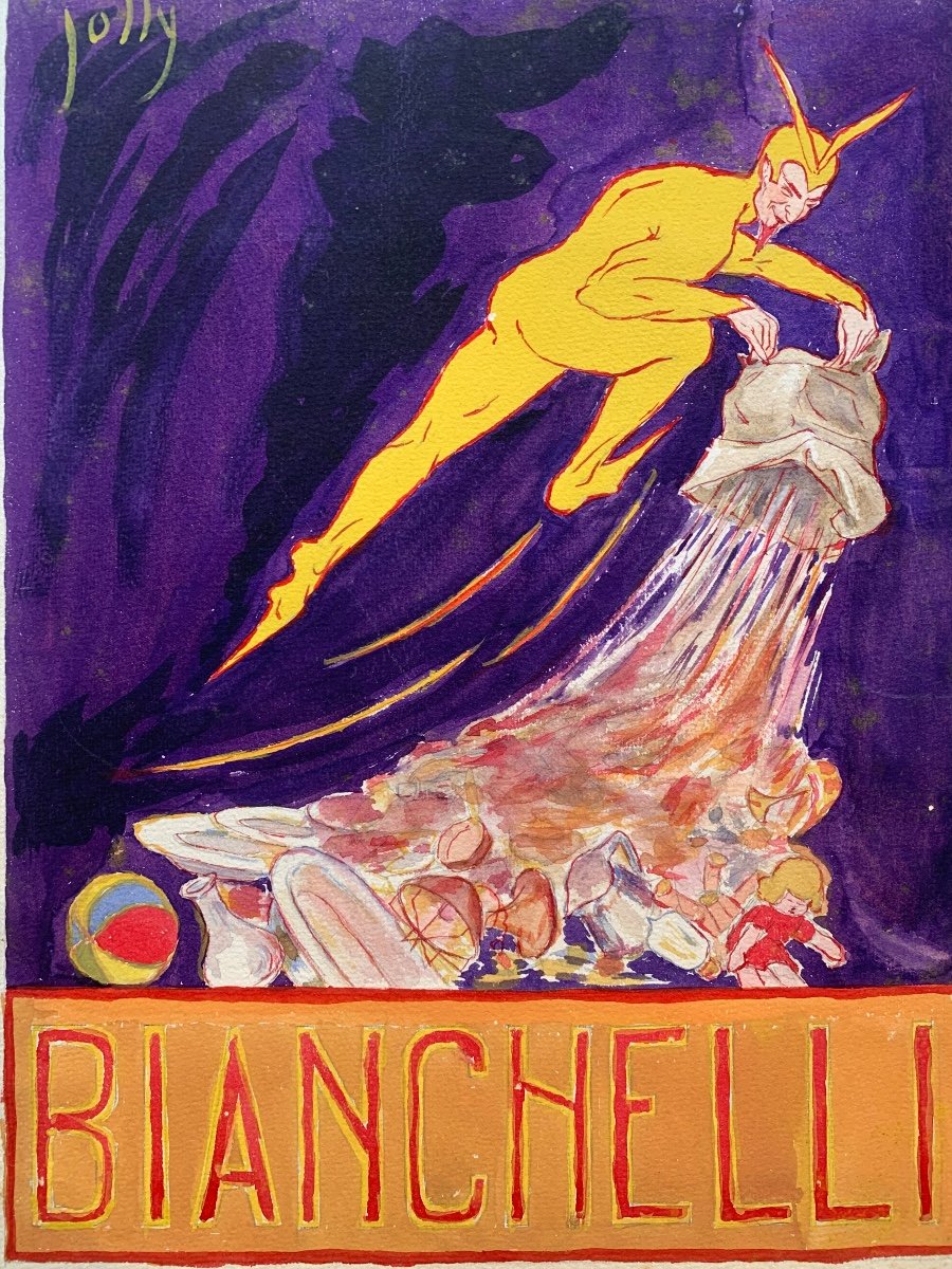 Pubblicità Art Déco dei Magazzini Bianchelli, Roma, 1929: Acquerello: Diavoletto e Giocattoli