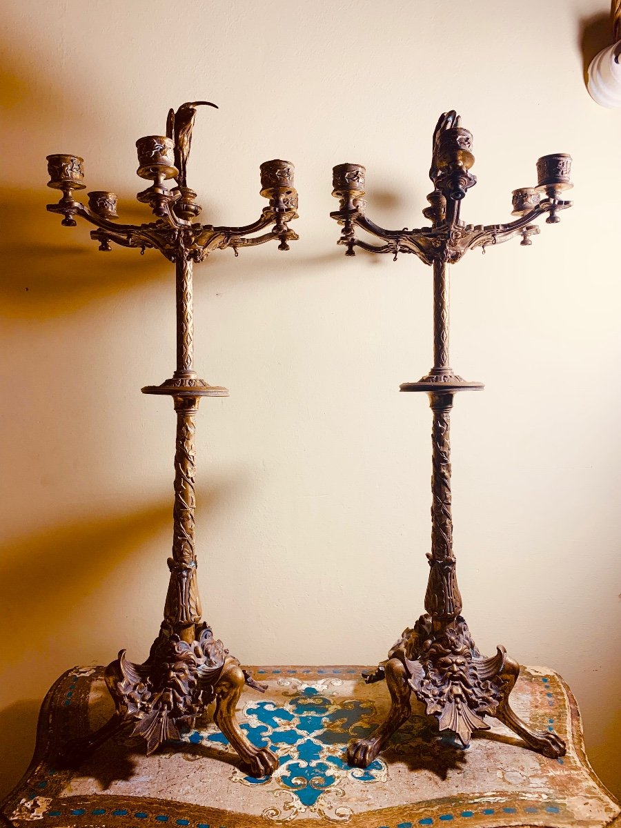 Candelabri Art Nouveau in Bronzo con Aironi e Mascheroni. Circa 1890