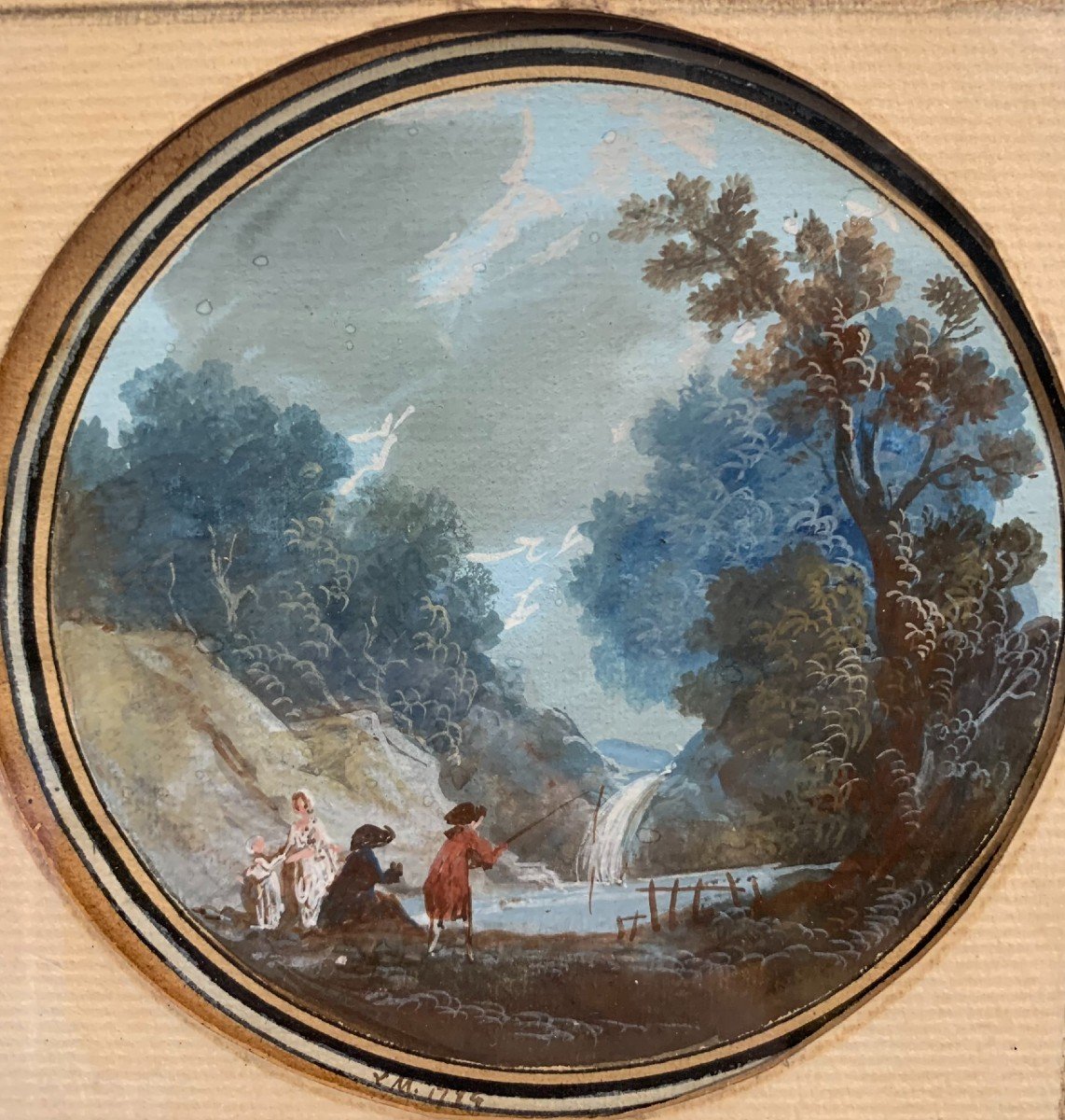 Gouache su Carta Monogrammato L M, Datato 1784: Paesaggio con Cascata e Pescatore-photo-4