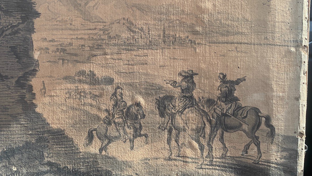 Disegno di uomini a cavallo con ruderi e città sullo sfondo.-photo-3