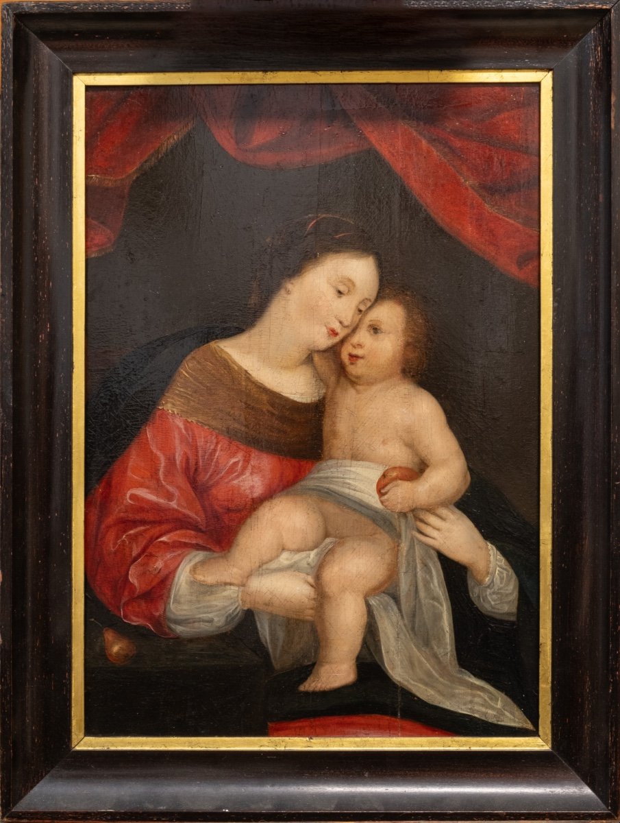 XVII secolo, dipinto su tavola, Scuola fiamminga, Madonna con Bambino e drappo rosso