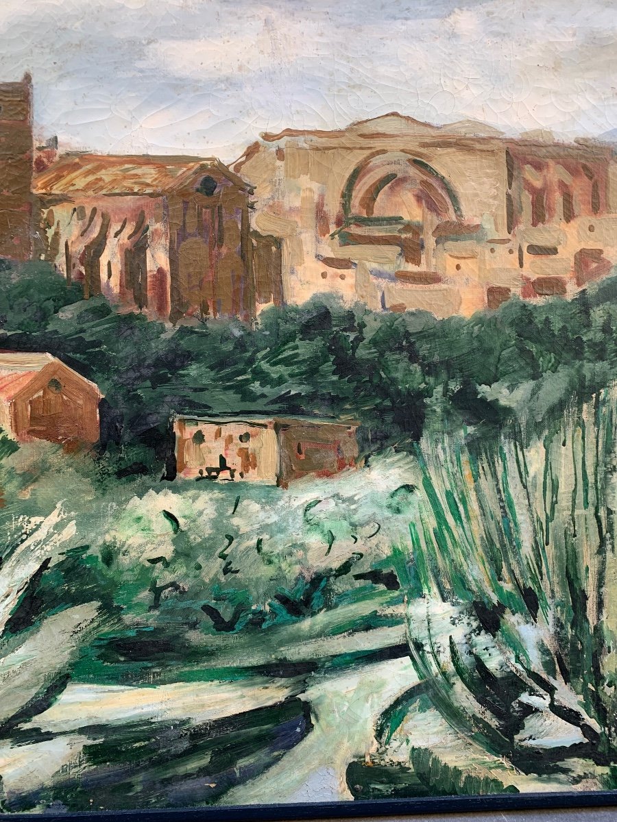 Paesaggio del Sud con Chiesa Medievale, Torri e Agave, Olio su Tela, Ca. 1920-1930-photo-2