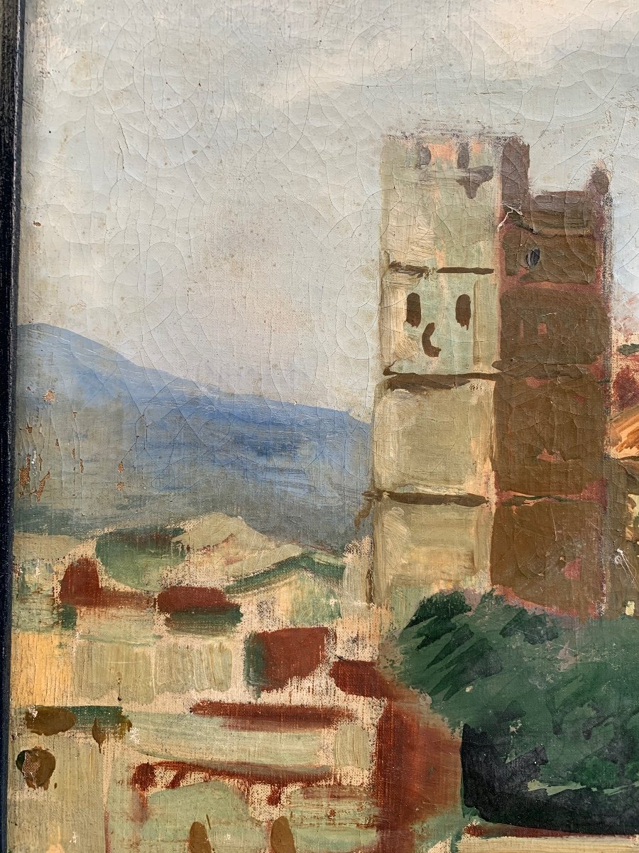 Paesaggio del Sud con Chiesa Medievale, Torri e Agave, Olio su Tela, Ca. 1920-1930-photo-2