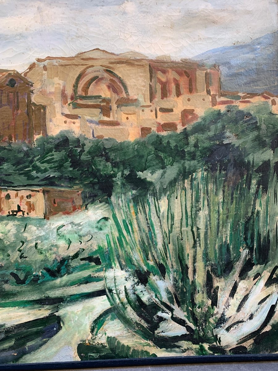 Paesaggio del Sud con Chiesa Medievale, Torri e Agave, Olio su Tela, Ca. 1920-1930-photo-4