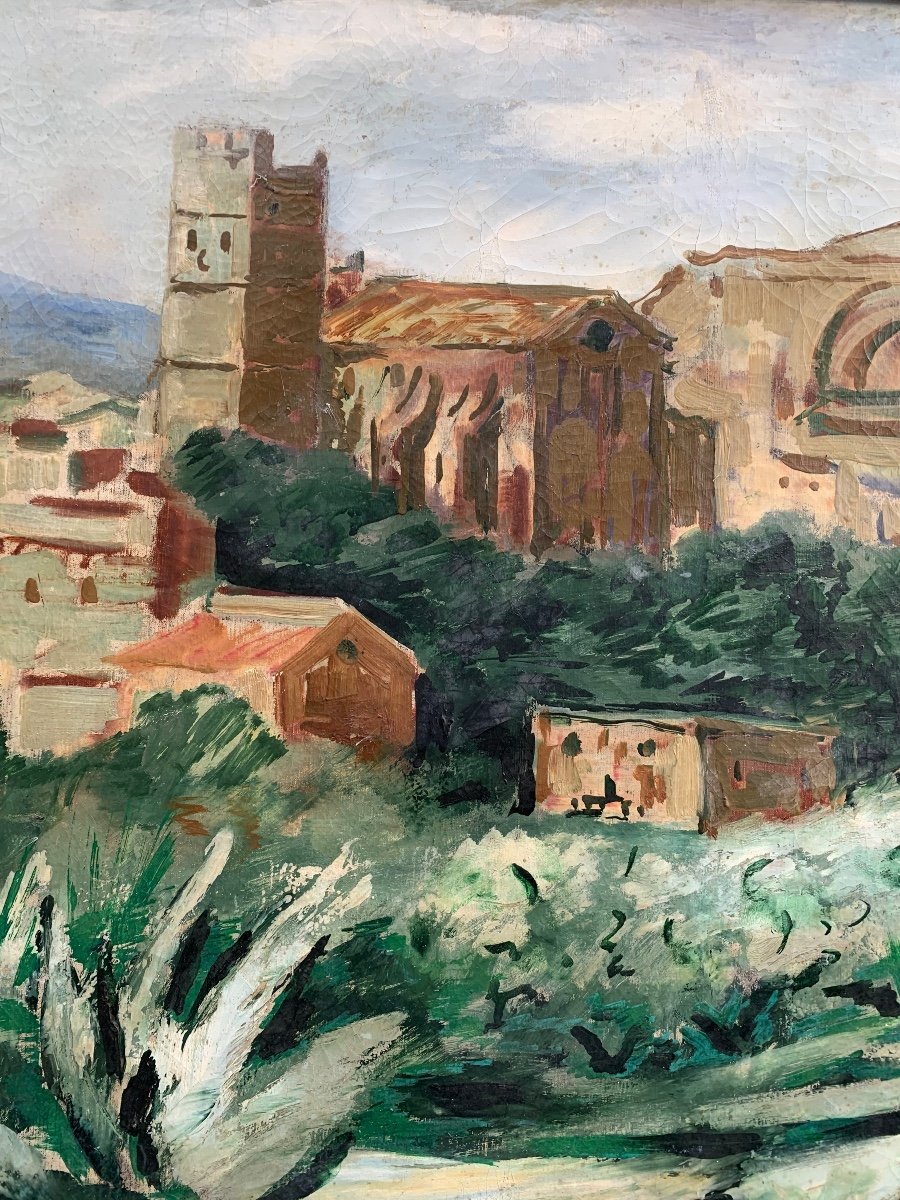 Paesaggio del Sud con Chiesa Medievale, Torri e Agave, Olio su Tela, Ca. 1920-1930-photo-5