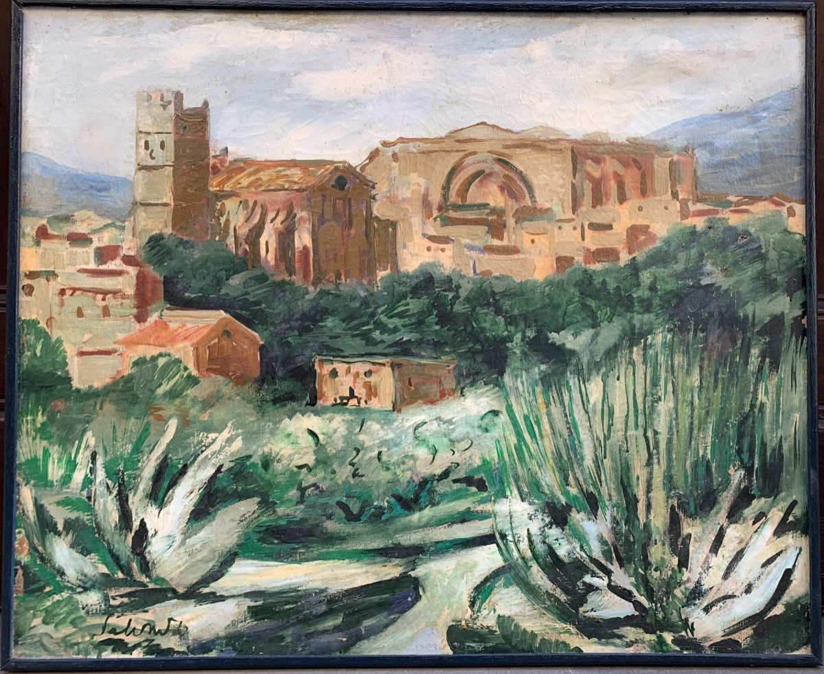 Paesaggio del Sud con Chiesa Medievale, Torri e Agave, Olio su Tela, Ca. 1920-1930