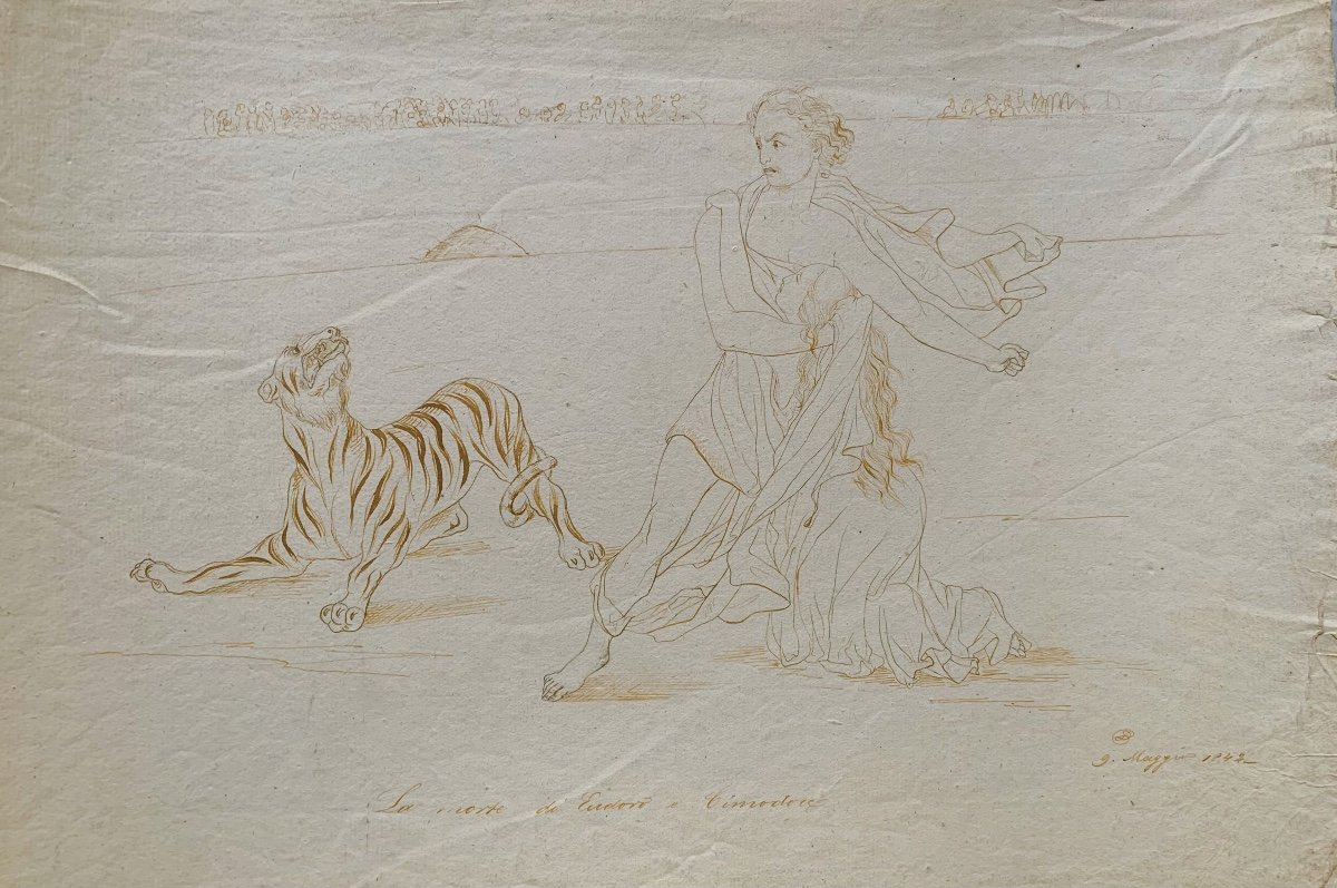 Combattimento con tigre di un eroe in vesti classiche - Datato 1845 