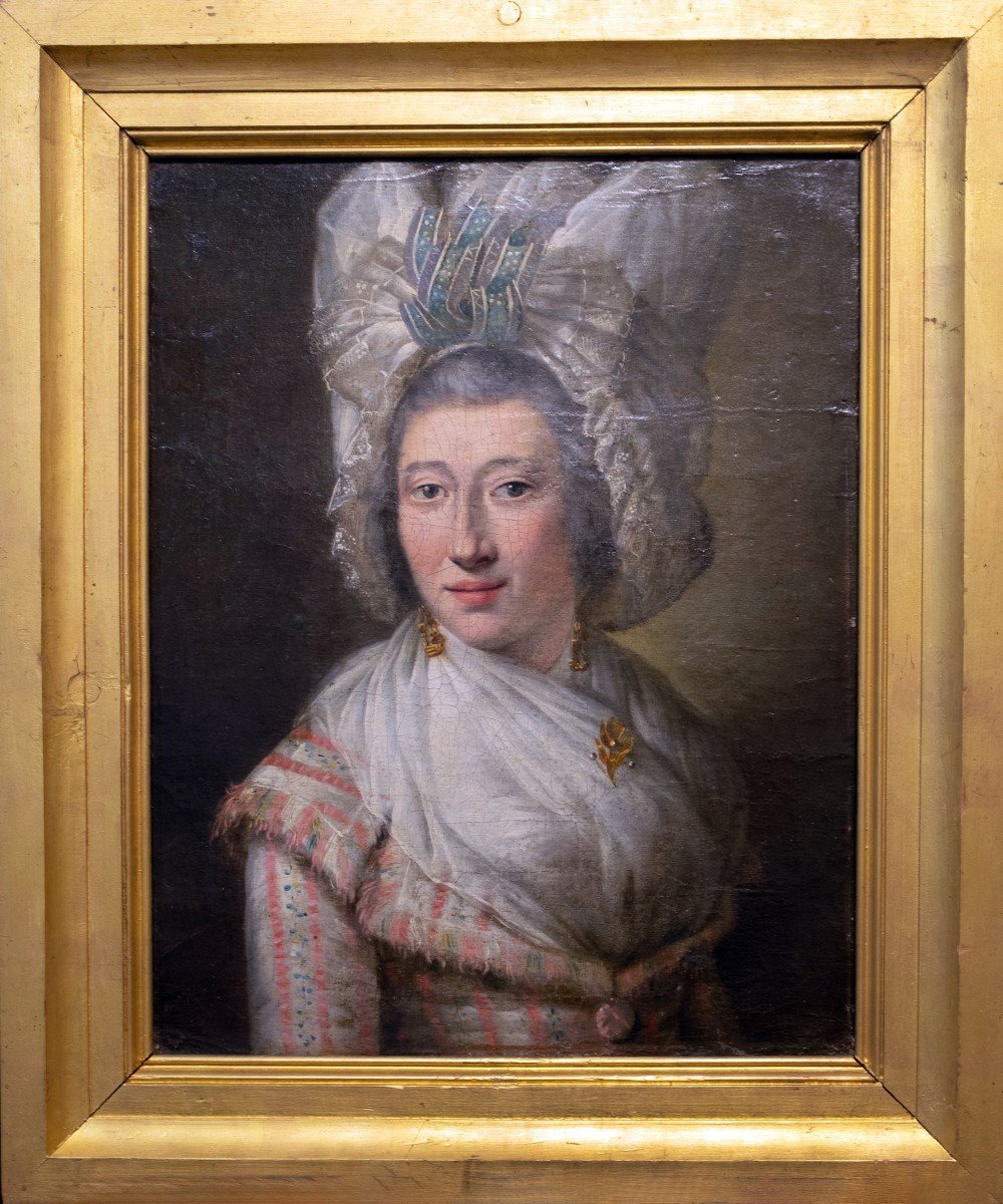 Ritratto di Donna con Bonnet, ispirato alle acconciature a Pouf, circa 1770-1780  